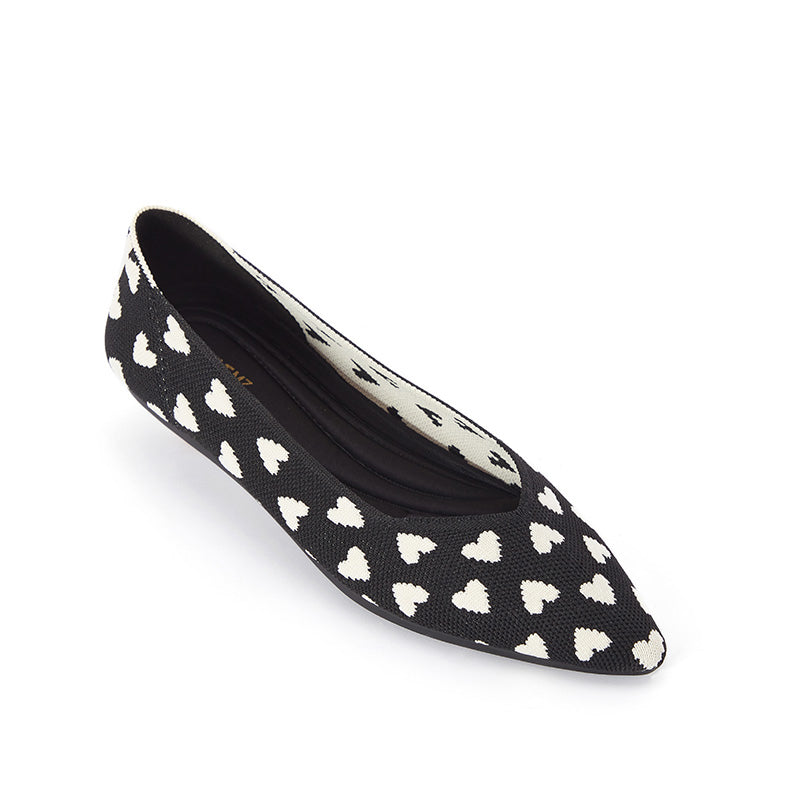 Heart Print Pointed Toe Comfortable Flats – Seamless Knit Ballet Flats