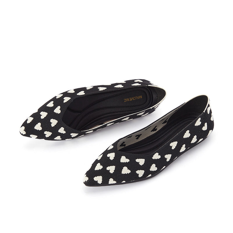Heart Print Pointed Toe Comfortable Flats – Seamless Knit Ballet Flats