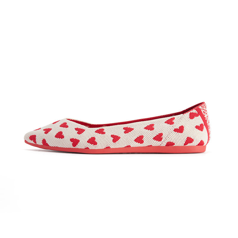 Heart Print Pointed Toe Comfortable Flats – Seamless Knit Ballet Flats