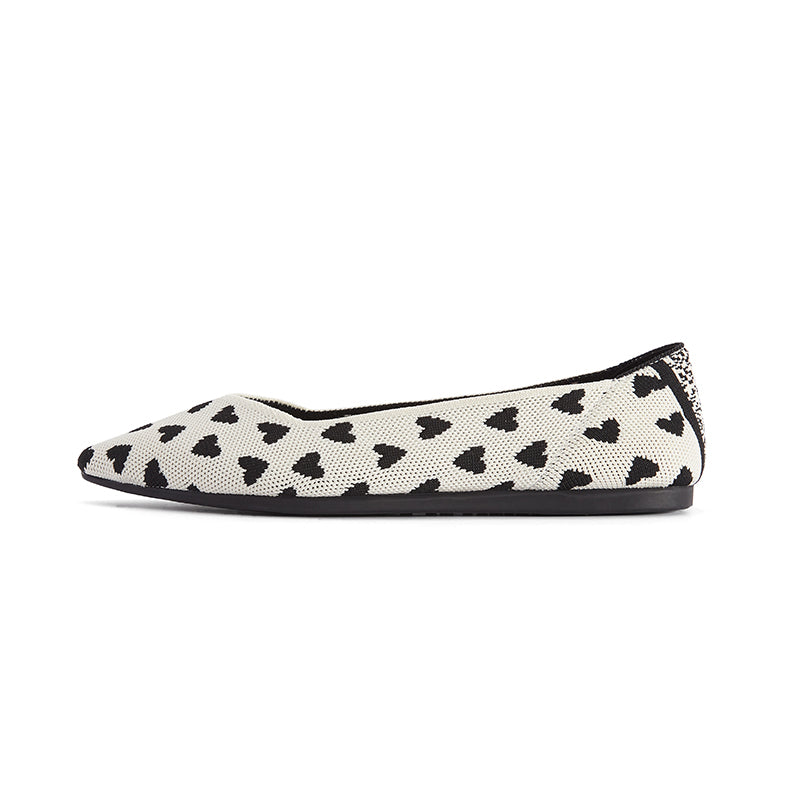 Heart Print Pointed Toe Comfortable Flats – Seamless Knit Ballet Flats