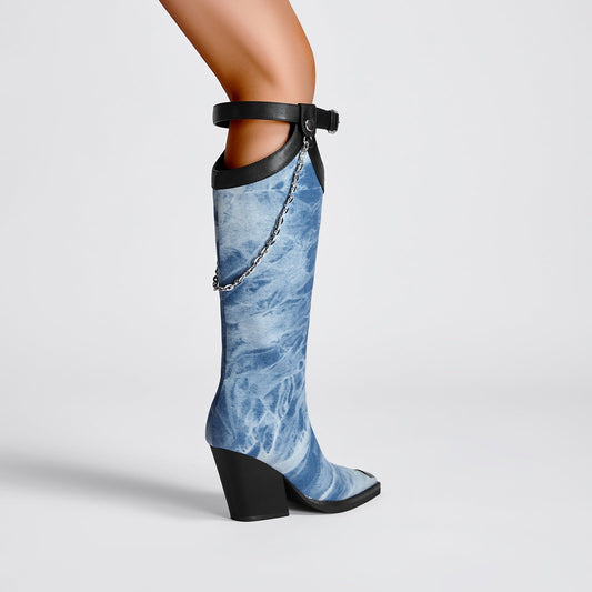 Light Blue Denim Chain Embellished Knee High Boots