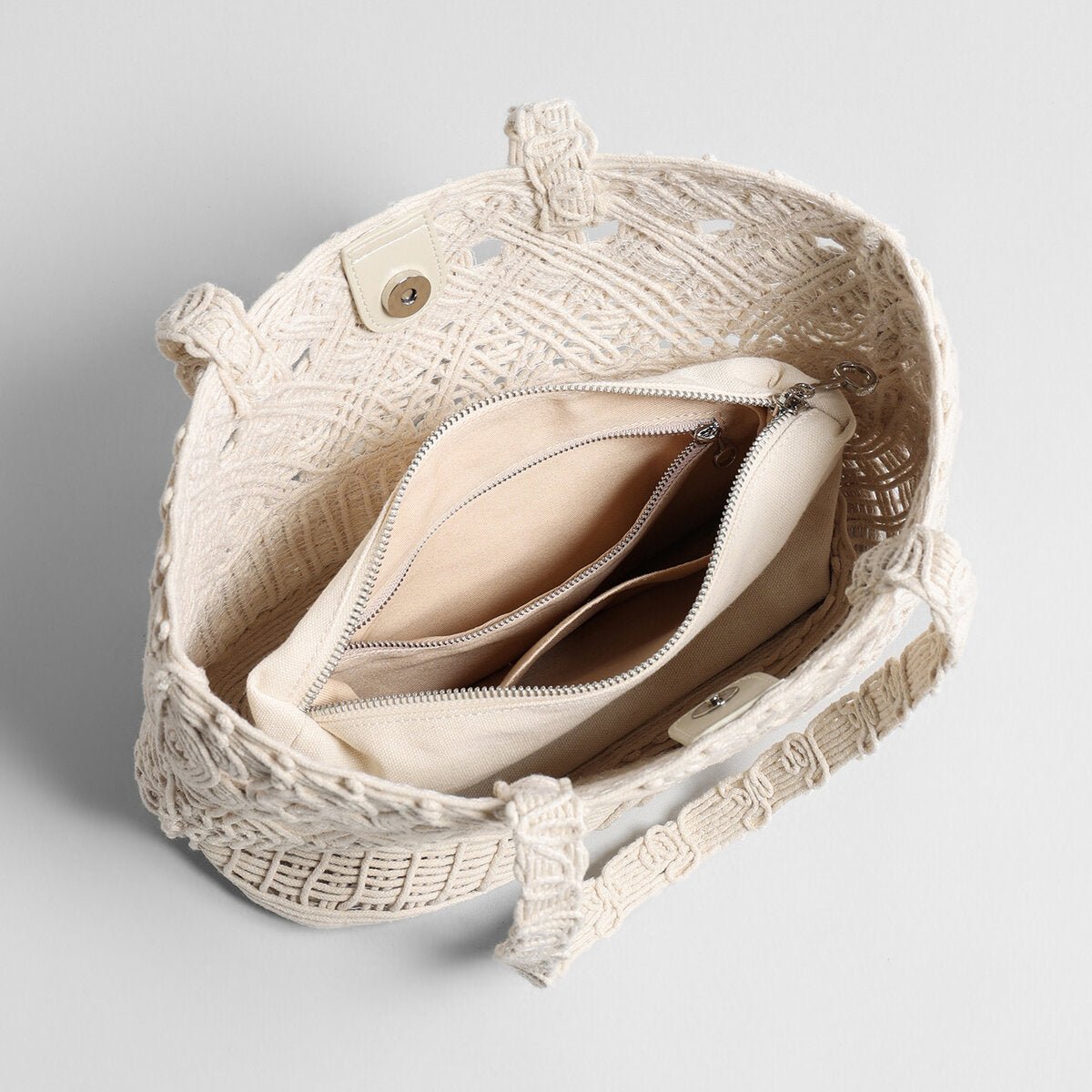 Macramé Woven Tote Bag – Handcrafted Cotton Rope Shoulder Bag with Inner Zipper Pouch
