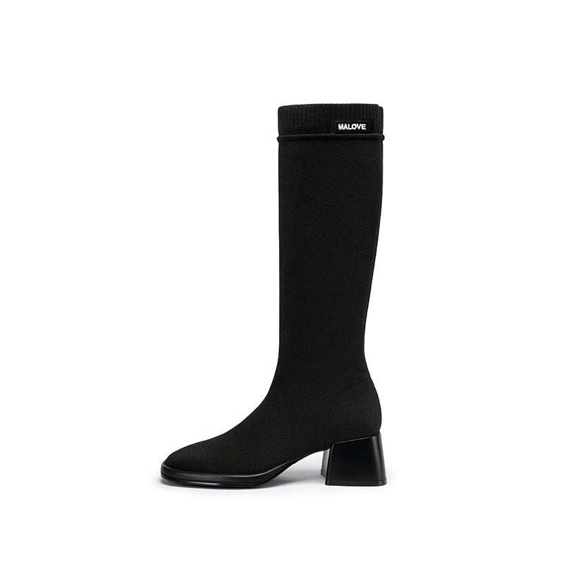 Mademoiselle Round Toe Knee High Sock Boots – Block Heel Stretch Knit