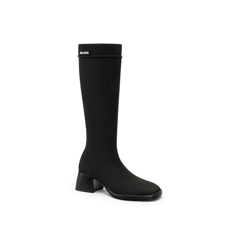 Mademoiselle Round Toe Knee High Sock Boots – Block Heel Stretch Knit