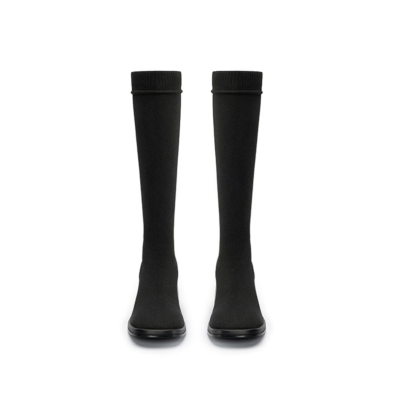 Mademoiselle Round Toe Knee High Sock Boots – Block Heel Stretch Knit