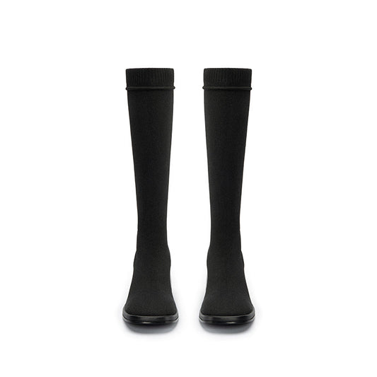 Mademoiselle Round Toe Knee High Sock Boots – Block Heel Stretch Knit