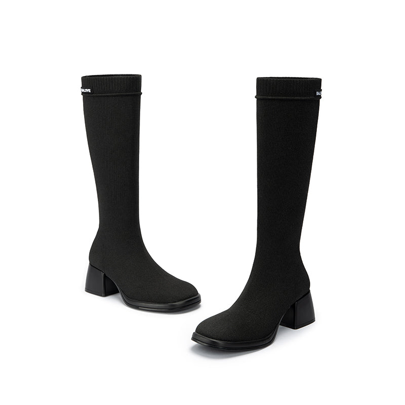 Mademoiselle Round Toe Knee High Sock Boots – Block Heel Stretch Knit