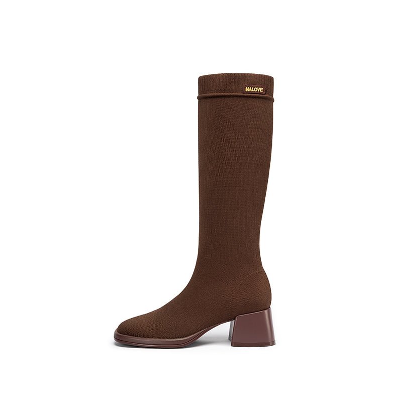 Mademoiselle Round Toe Knee High Sock Boots – Block Heel Stretch Knit