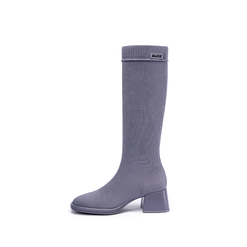 Mademoiselle Round Toe Knee High Sock Boots – Block Heel Stretch Knit