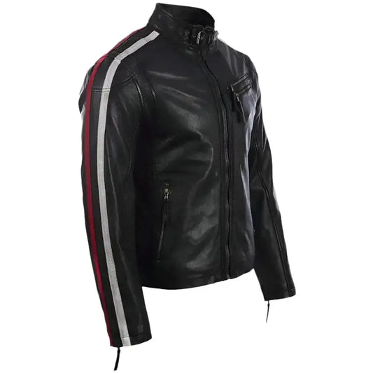Men's Black Leather Motorcycle Jacket with Red & White Stripes