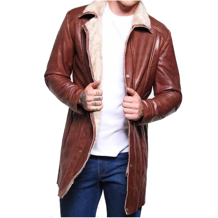 Mens Brown Leather Mid Length Shearling Coat