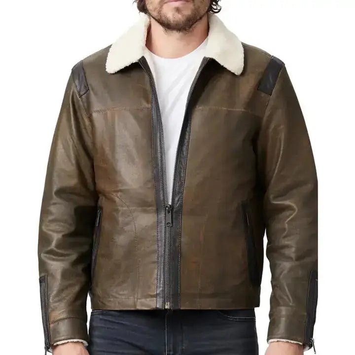 Men's Classic Cracked Lambskin Leather Shearling Bomber Jacket