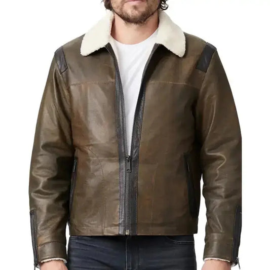Men's Classic Cracked Lambskin Leather Shearling Bomber Jacket
