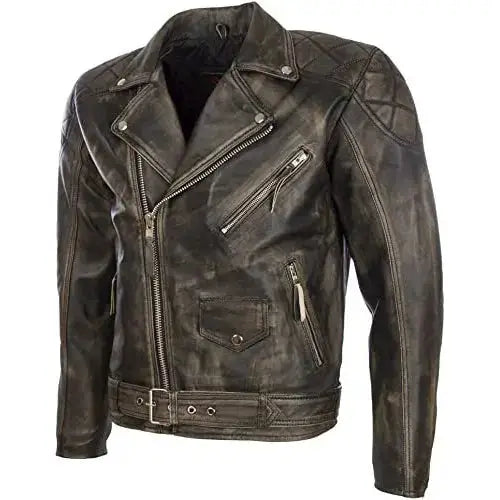 Men’s Genuine Leather Belted Biker Jacket – Vintage Style