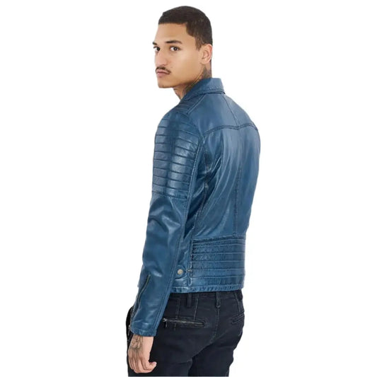 Men's Petrol Blue Genuine Sheepskin Leather Biker Jacket