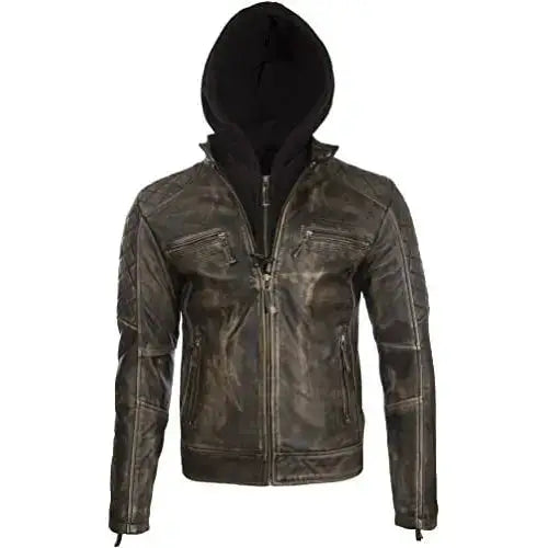 Men's Hooded Real Leather Vintage Biker Jacket with Removable Hood