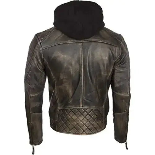 Men's Hooded Real Leather Vintage Biker Jacket with Removable Hood
