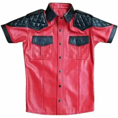 Men's Red Lambskin Leather Police Shirt with Padded Shoulders
