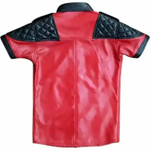 Men's Red Lambskin Leather Police Shirt with Padded Shoulders