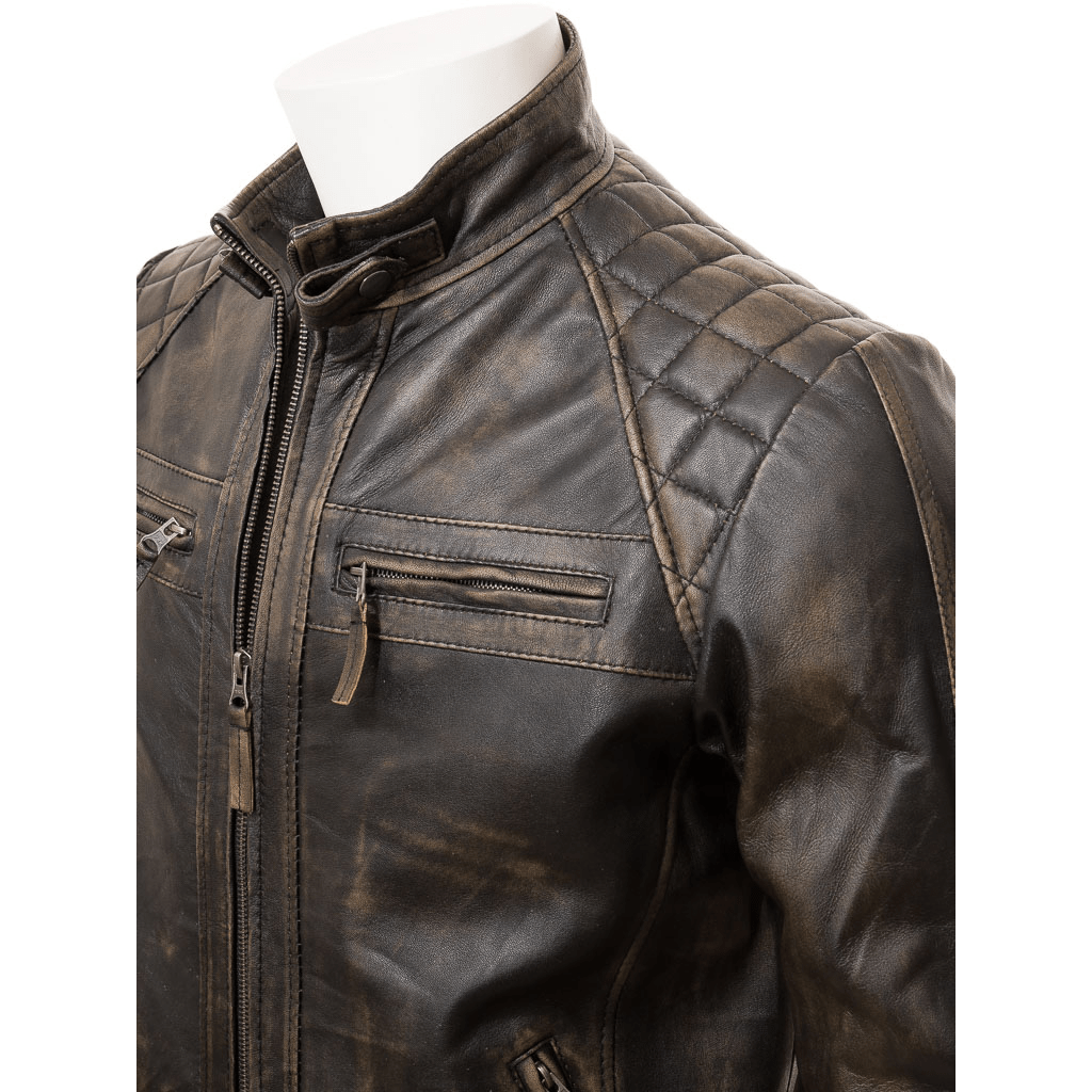 MENS VINTAGE LEATHER BIKER JACKET HARTFORD - XL