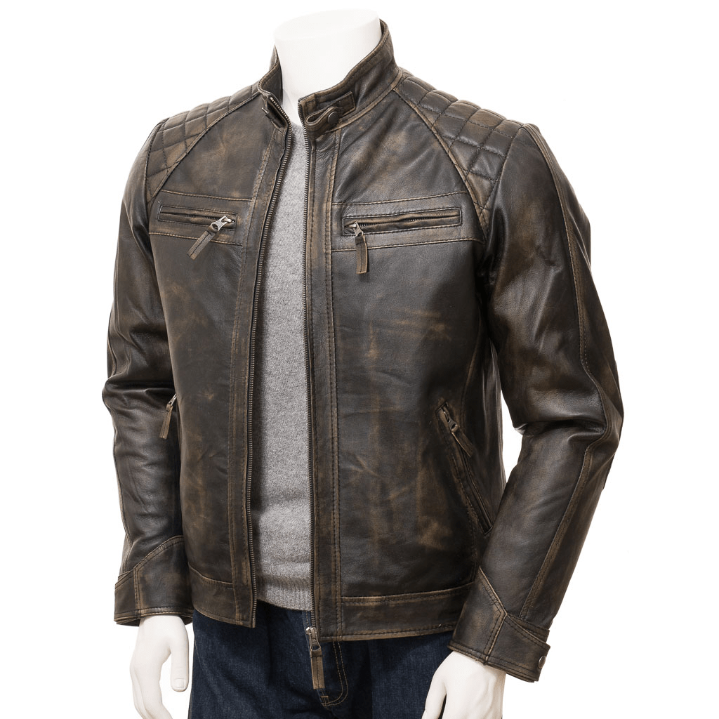 MENS VINTAGE LEATHER BIKER JACKET HARTFORD
