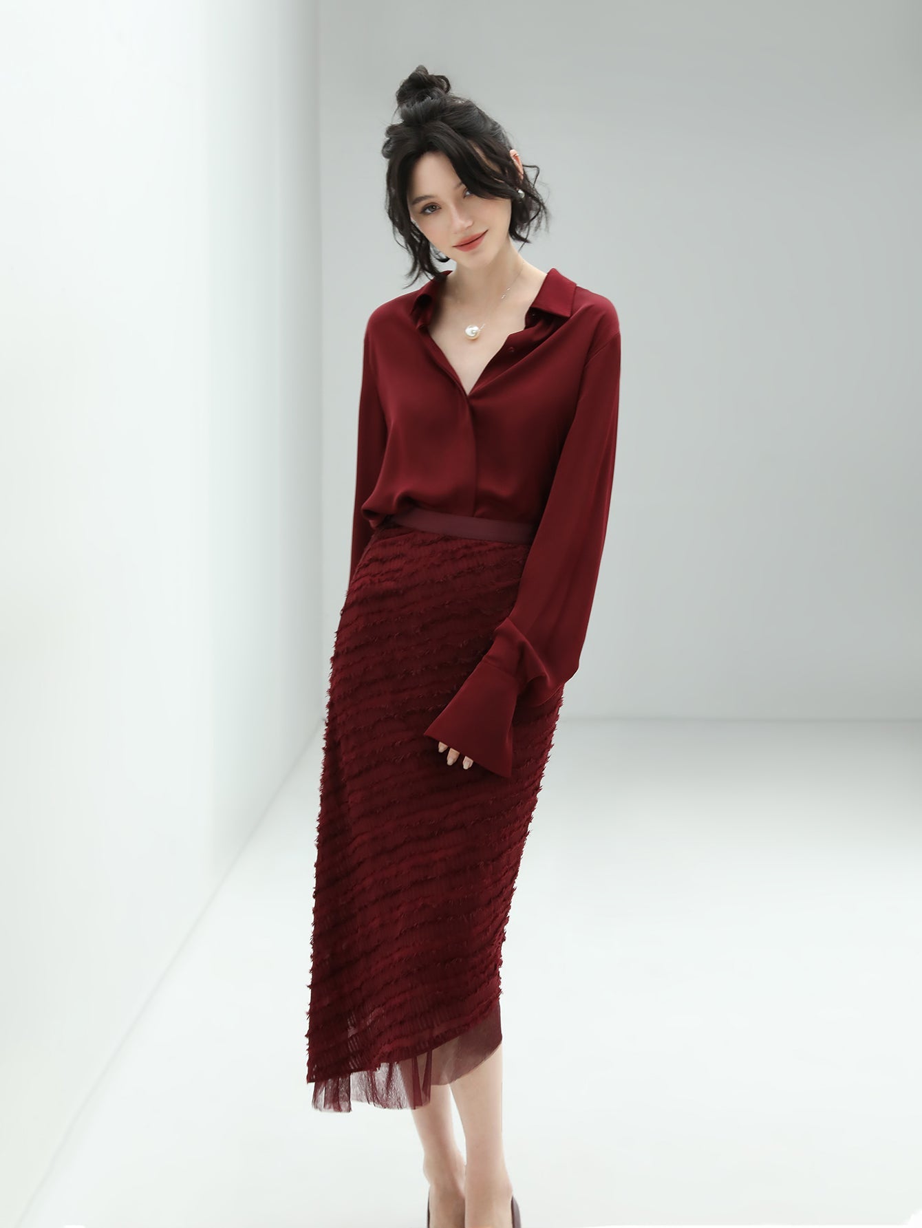 Minimalist Glossy Burgundy Wine Button Down Shirt