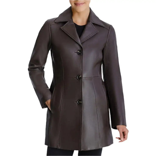 Women’s Petite Leather Button-Down Coat