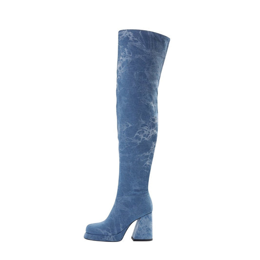 Relaxed Fit Round Toe Denim Knee High Boots