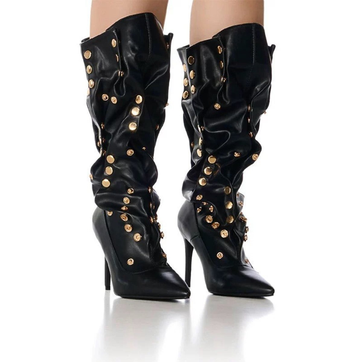 Rivet Encrusted Black Slouchy Stiletto Knee High Boots