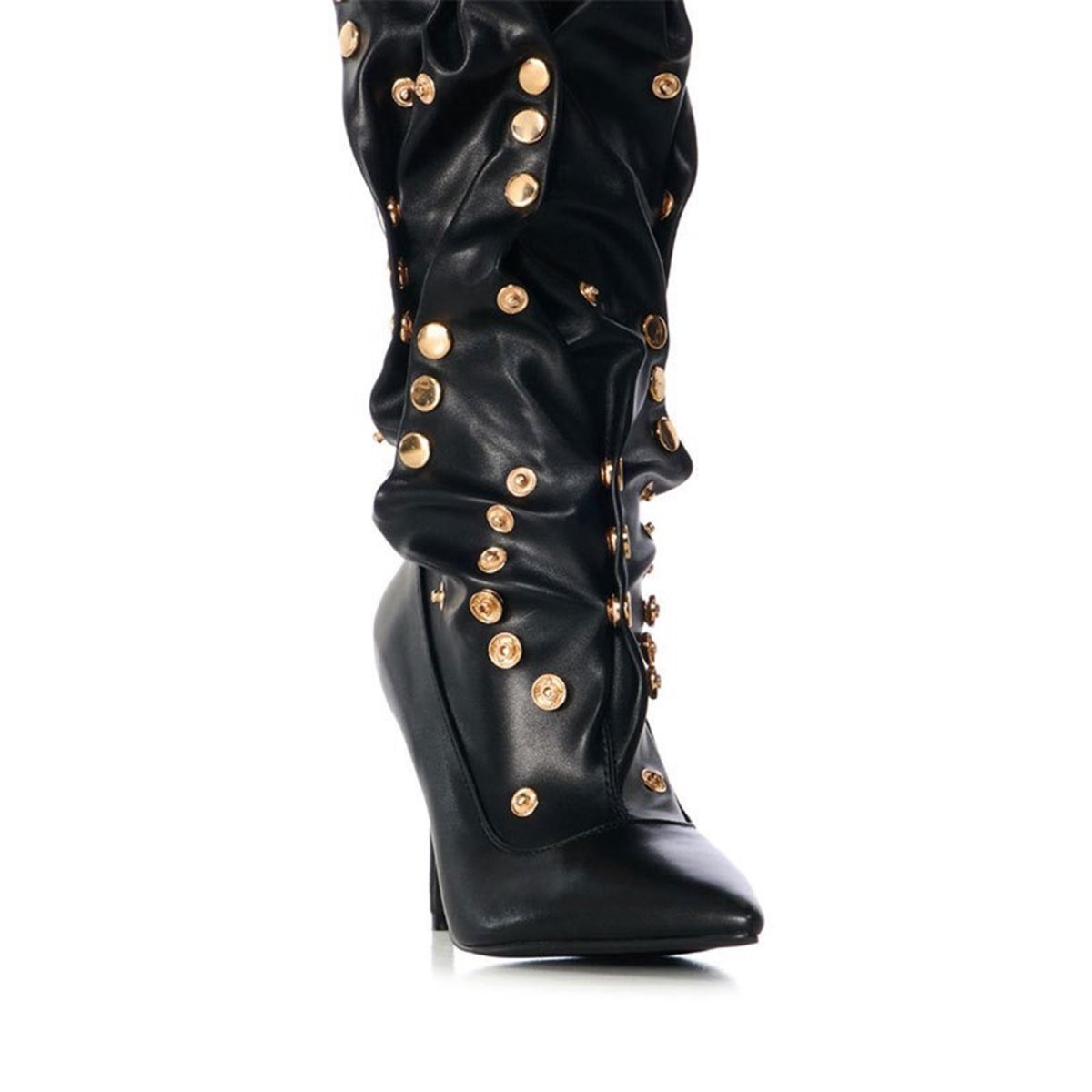 Rivet Encrusted Black Slouchy Stiletto Knee High Boots