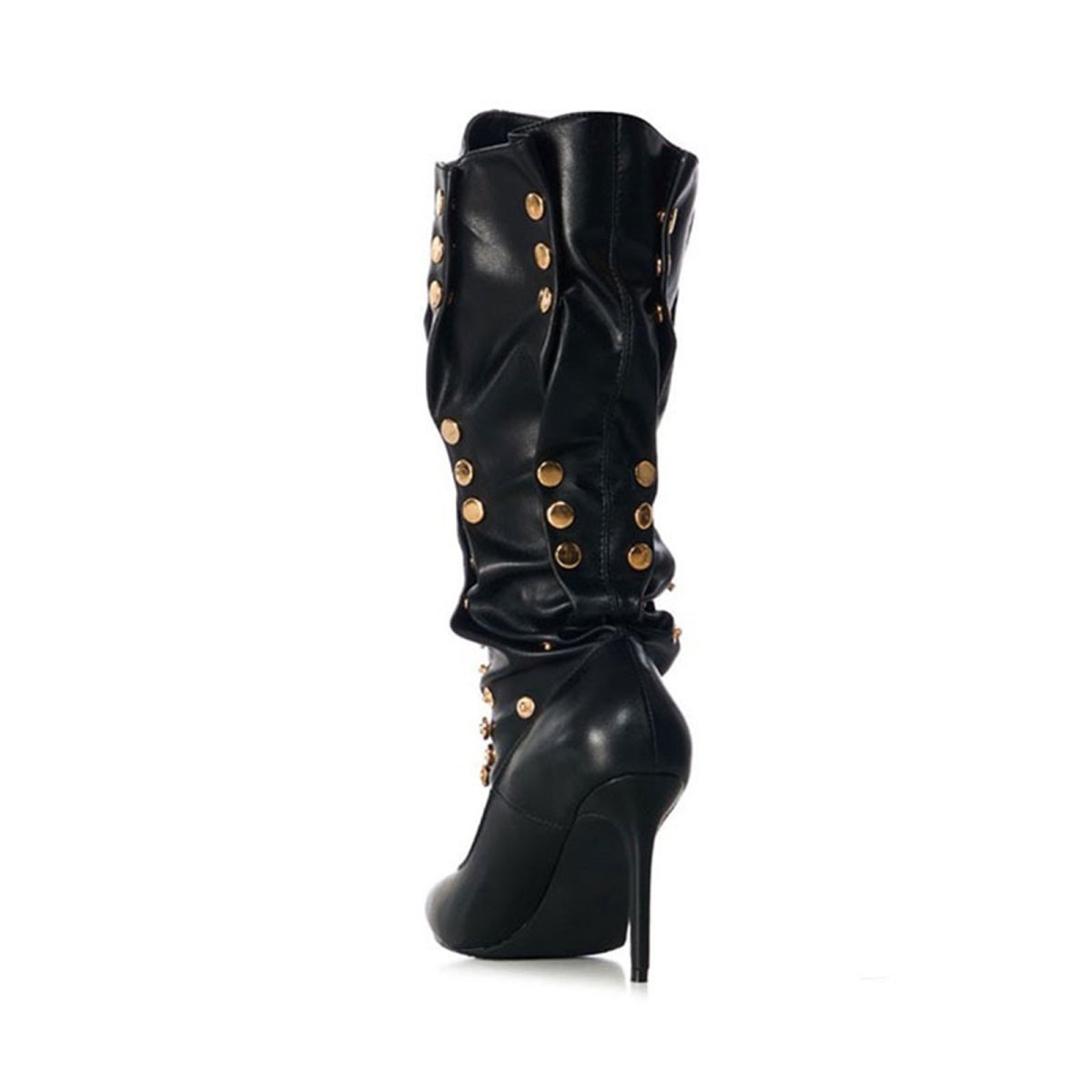 Rivet Encrusted Black Slouchy Stiletto Knee High Boots