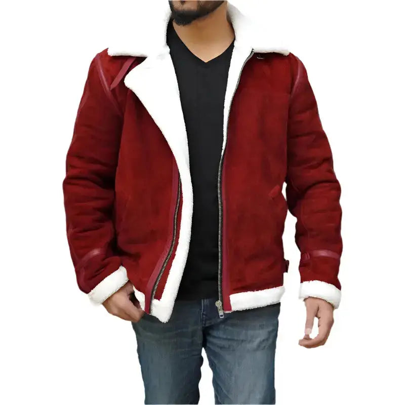 Men's Ryan Reynolds Spirited Red Suede Shearling Jacket – Holiday Edition