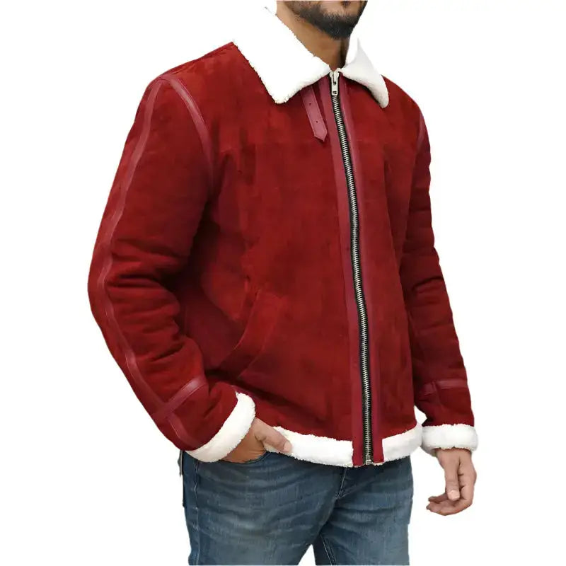 Men's Ryan Reynolds Spirited Red Suede Shearling Jacket – Holiday Edition