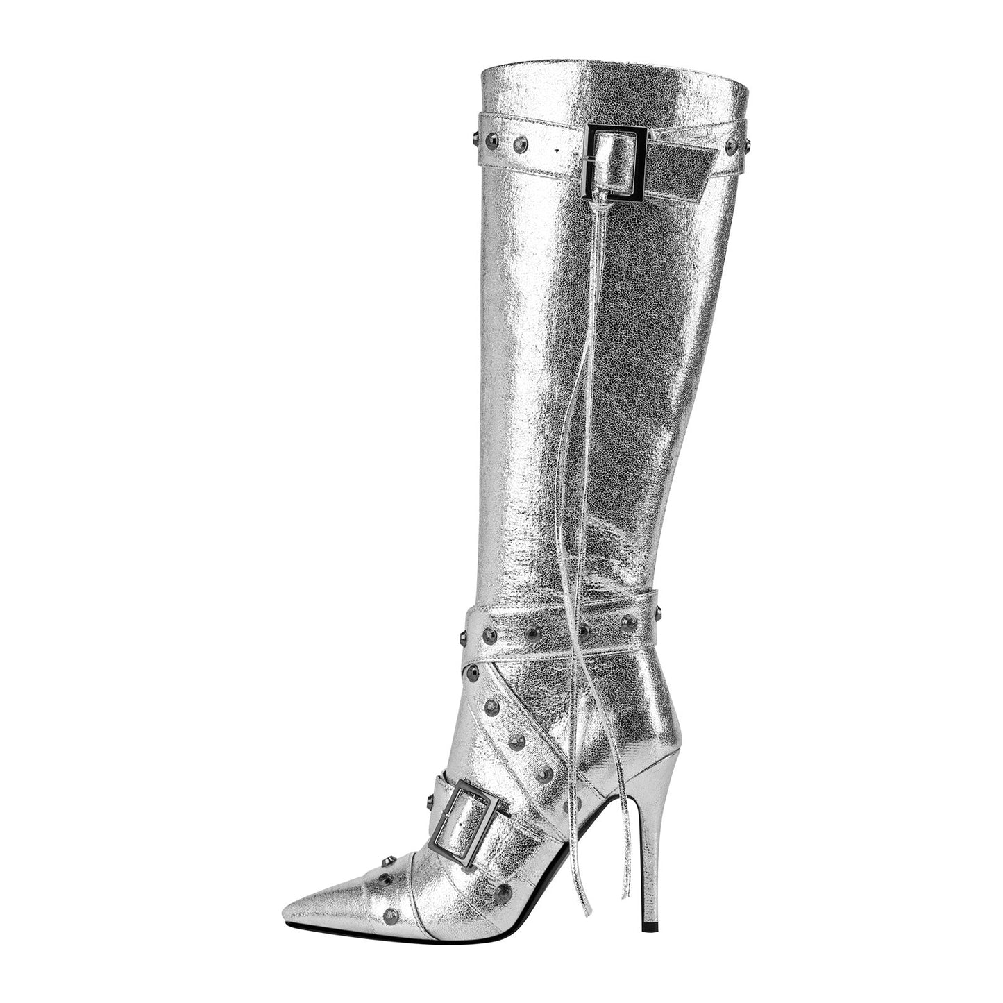 Sexy Silver Buckle Strap Rivet Knee High Boots