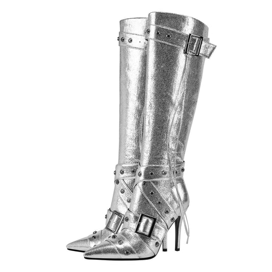 Sexy Silver Buckle Strap Rivet Knee High Boots