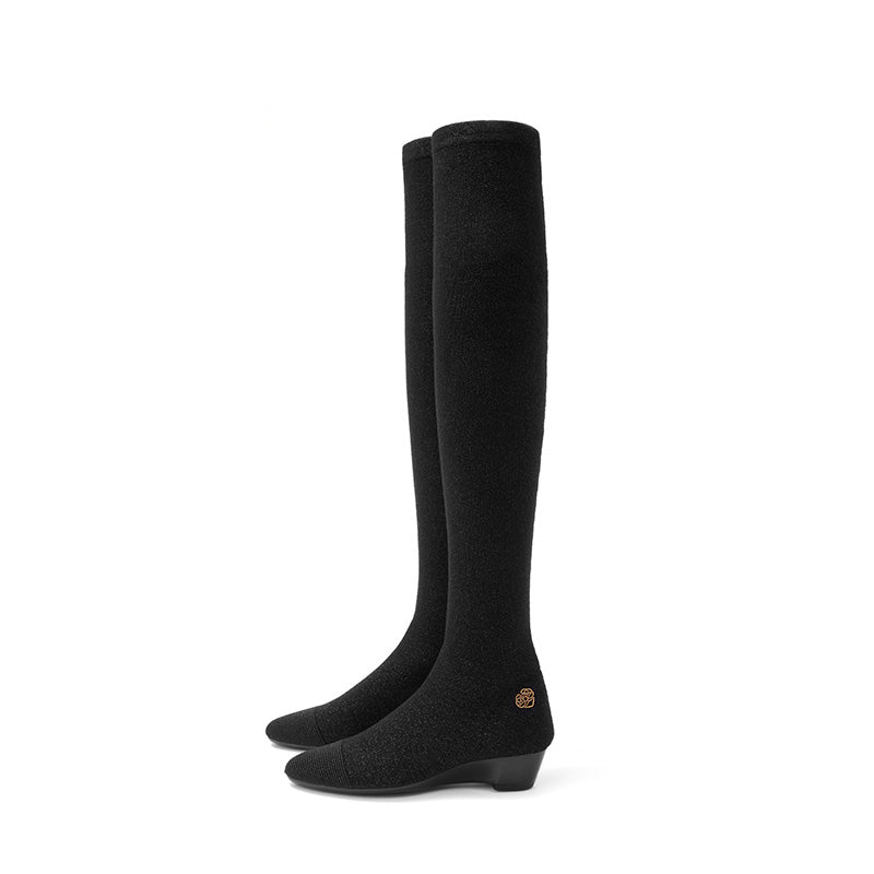 Stretch Over the Knee Boots – Low Heel Wool Knit Thigh High Boots