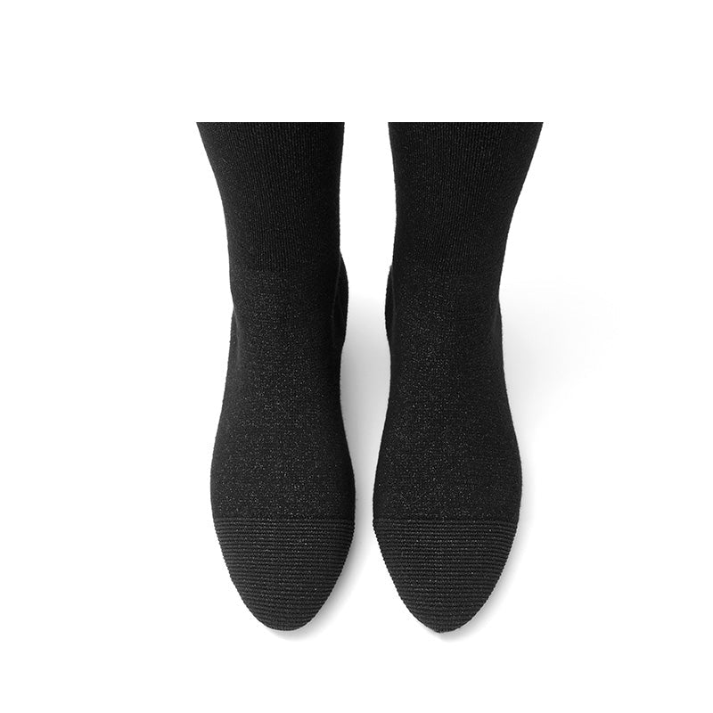 Stretch Over the Knee Boots – Low Heel Wool Knit Thigh High Boots