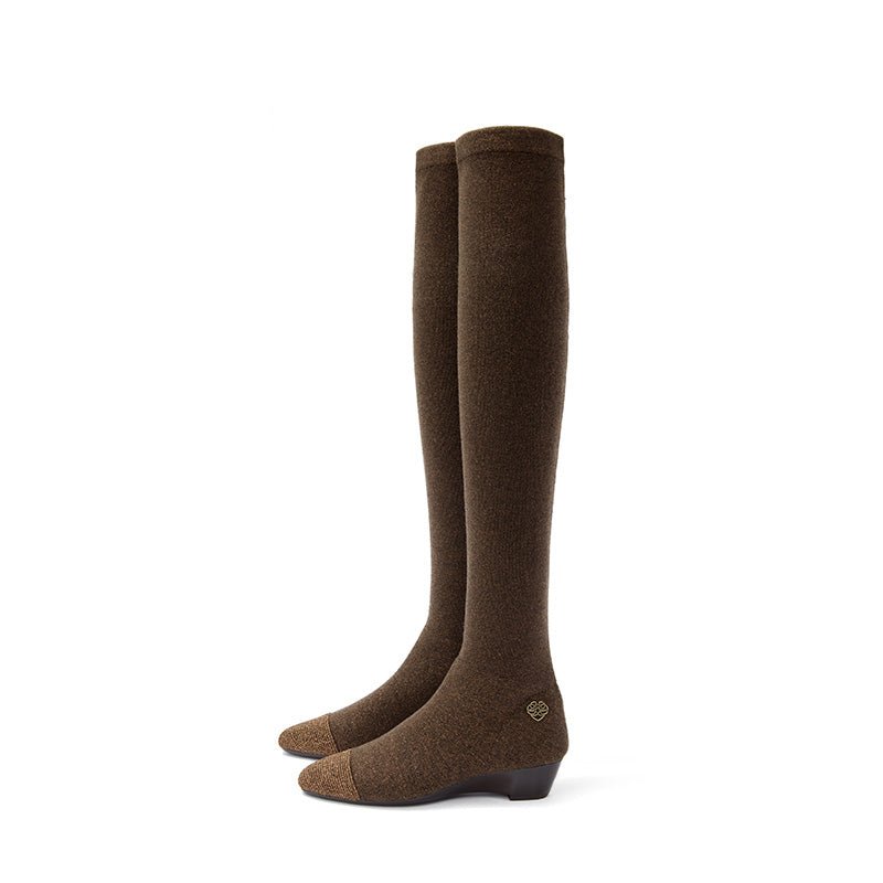 Stretch Over the Knee Boots – Low Heel Wool Knit Thigh High Boots