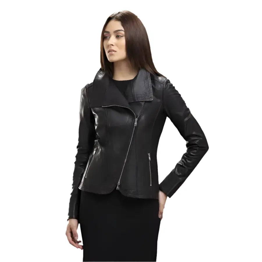 Women's Black Bomber Leather Jacket with Stylish Collar
