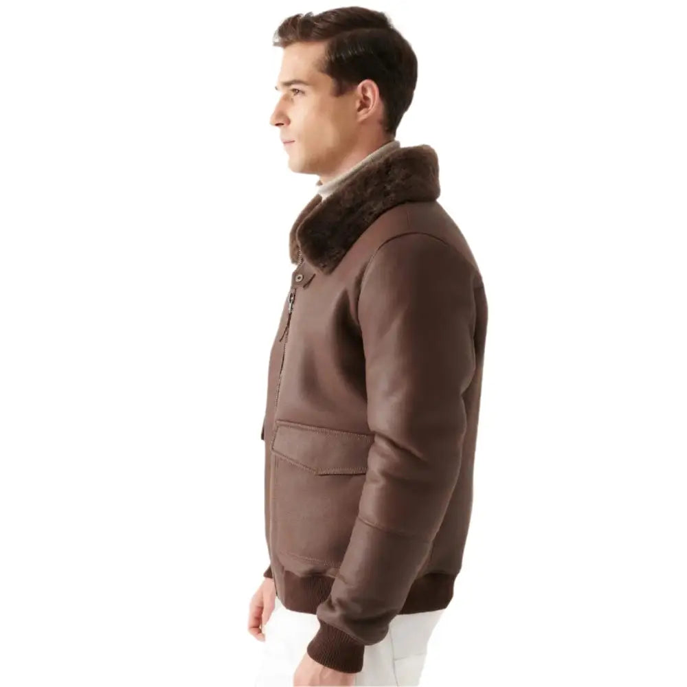 Men’s Stylish Brown Shearling Bomber Jacket – Winter Ready