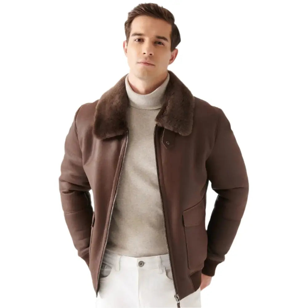 Men’s Stylish Brown Shearling Bomber Jacket – Winter Ready