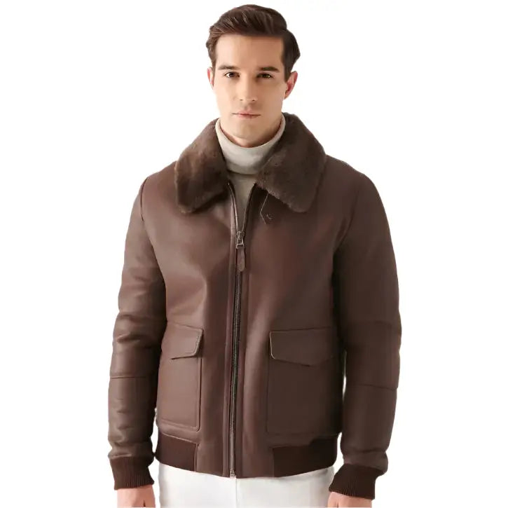 Men’s Stylish Brown Shearling Bomber Jacket – Winter Ready