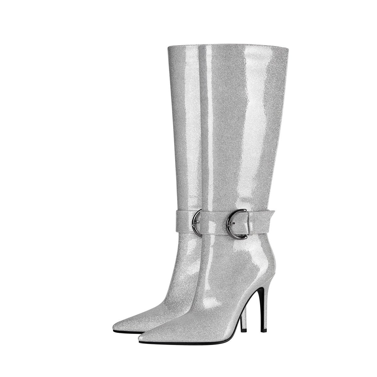 Stylish Silver Side Buckle Knee High Boots