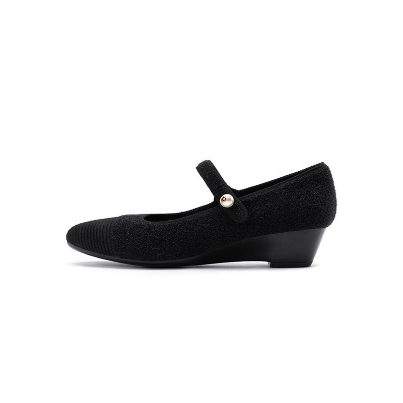 Vintage Tweed Low Heel Mary Jane Shoes – Pearl Strap Knit Wedge Pumps