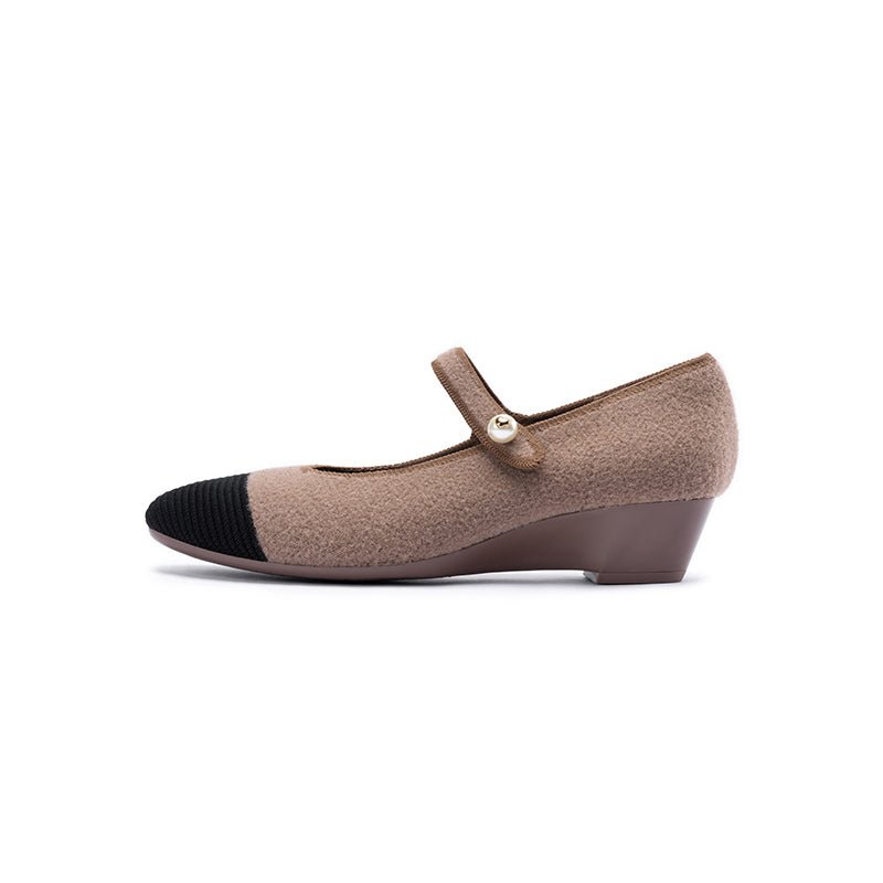 Vintage Tweed Low Heel Mary Jane Shoes – Pearl Strap Knit Wedge Pumps