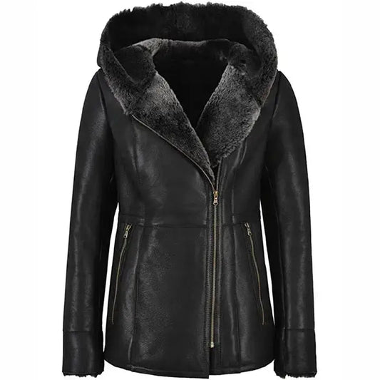 Women’s Black Leather Shearling Fur Jacket with Hood