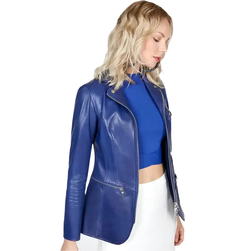 Women’s Blue Leather Blazer Jacket