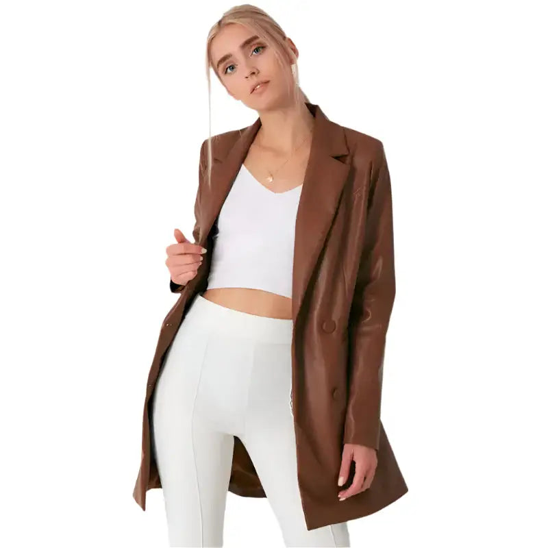 Women’s Brown Lambskin Leather Long Coat