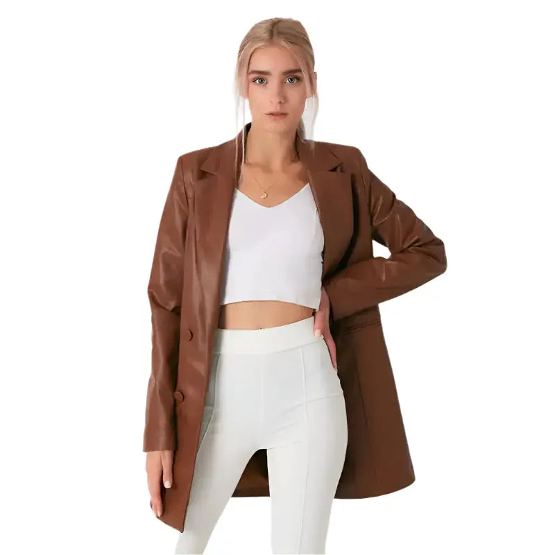 Women’s Brown Lambskin Leather Long Coat