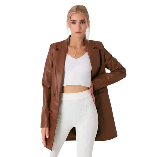 Women’s Brown Lambskin Leather Long Coat
